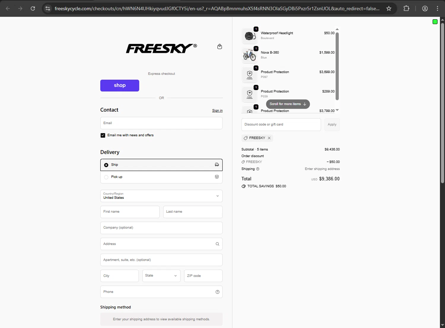 Freesky Ebike promo code screenshot showing code freesky applied at Freesky Ebike checkout page. Uploaded by SimplyCodes community member RINITOSHI on Dec 13, 2025