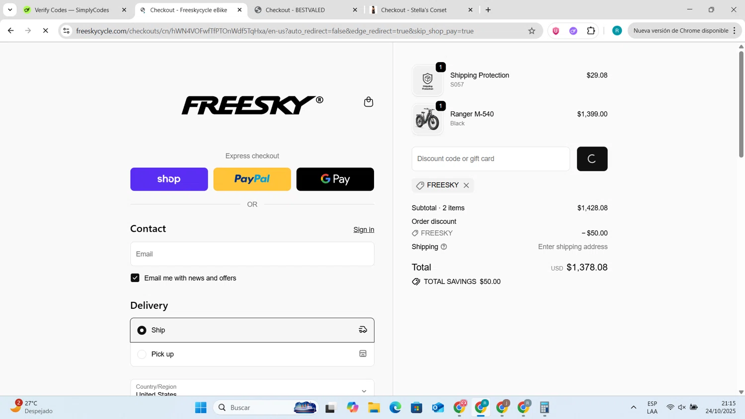 Freesky Ebike promo code screenshot showing code freesky applied at Freesky Ebike checkout page. Uploaded by SimplyCodes community member Rapunzel on Oct 25, 2025