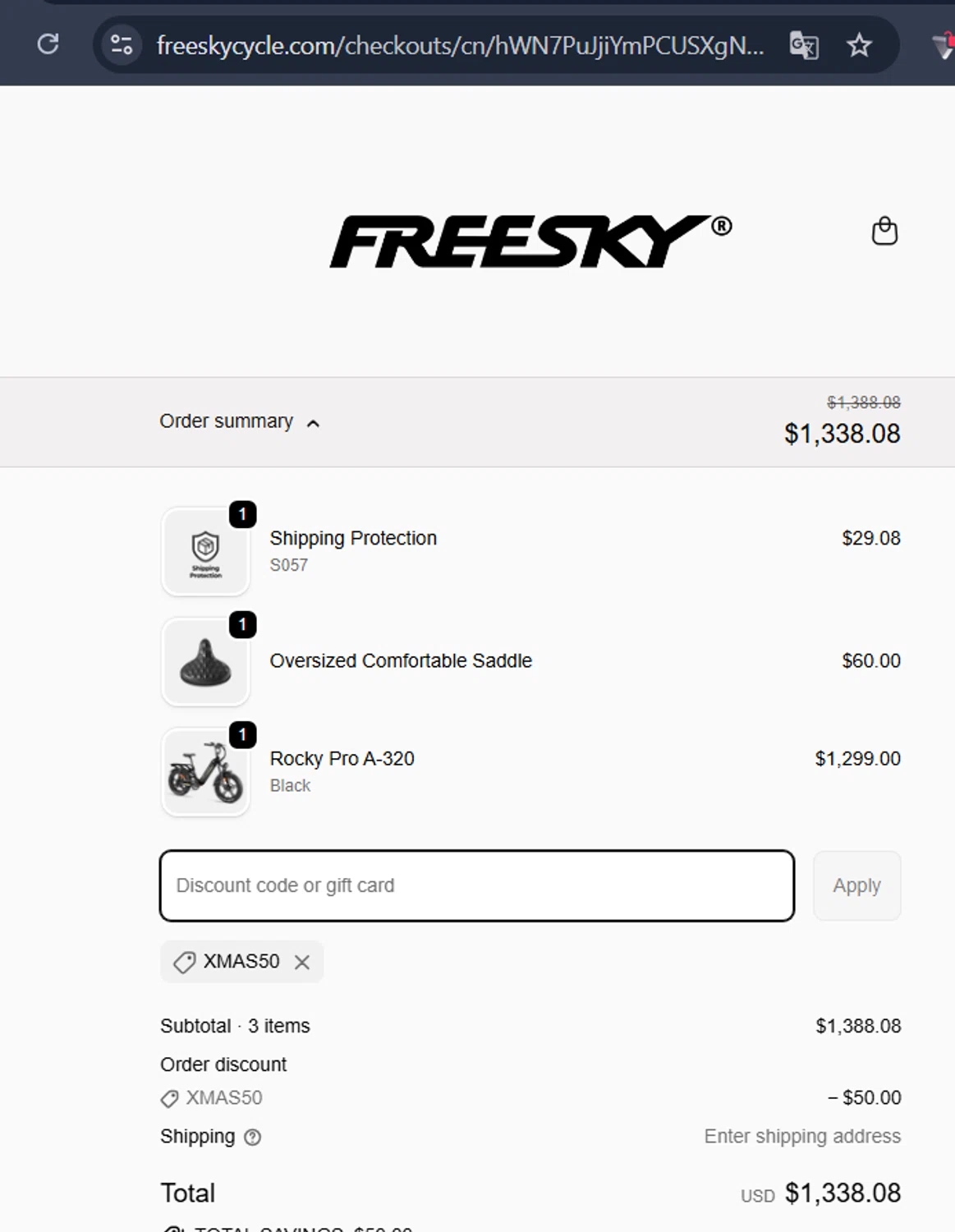 Freesky Ebike checkout page showing Freesky Ebike promo code box | Screenshot taken by SimplyCodes community member on Jan 9, 2026