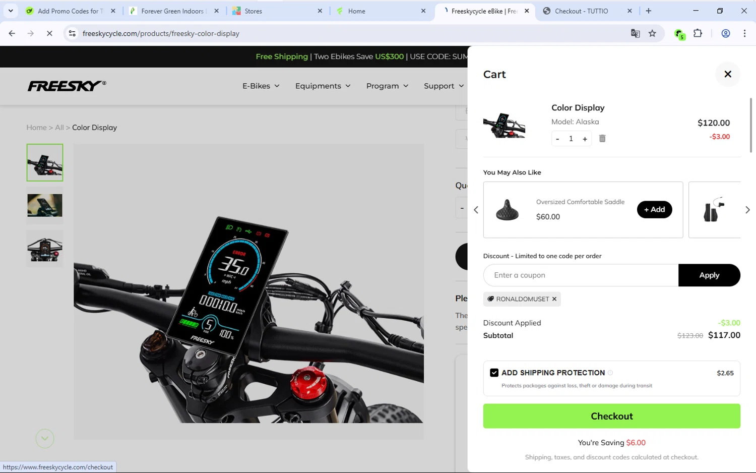 Freesky Ebike promo code screenshot showing code RONALDOMUSET applied at Freesky Ebike checkout page. Uploaded by SimplyCodes community member Djmariio on Jul 4, 2025