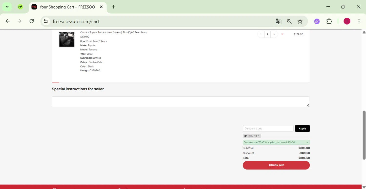 FREESOO discount code screenshot showing code FSAS10 applied at FREESOO checkout page. Uploaded by SimplyCodes community member SavingsPhoenix2740 on Jul 4, 2025