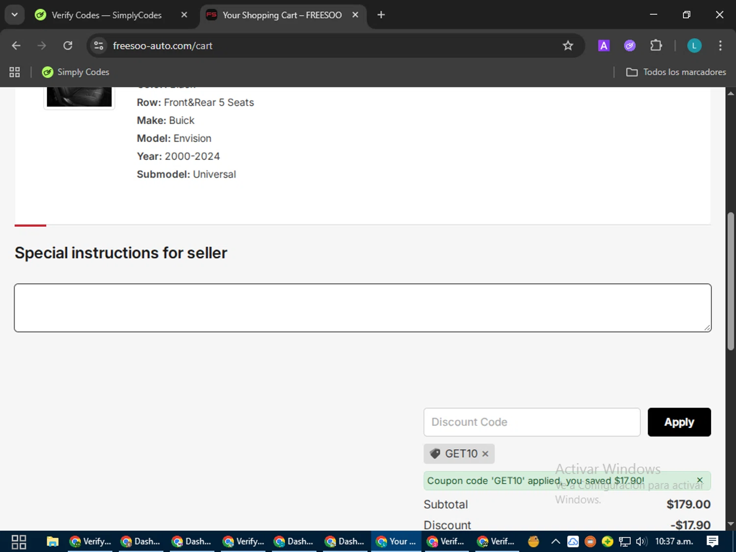 FREESOO discount code screenshot showing code GET10 applied at FREESOO checkout page. Uploaded by SimplyCodes community member LuckyLegend792 on Sep 21, 2025