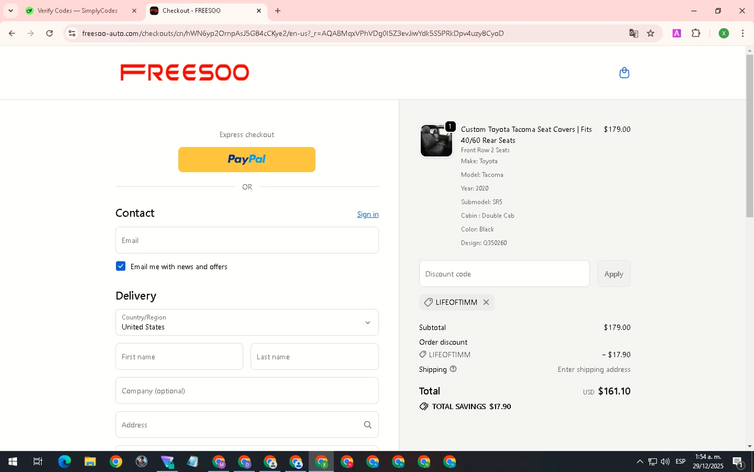 FREESOO discount code screenshot showing code LIFEOFTIMM applied at FREESOO checkout page. Uploaded by SimplyCodes community member SaleTiger1087 on Dec 29, 2025