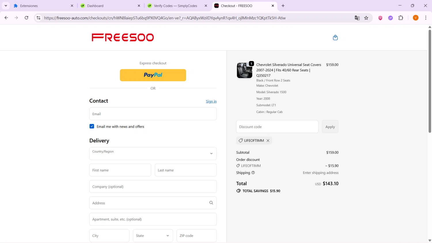 FREESOO discount code screenshot showing code LIFEOFTIMM applied at FREESOO checkout page. Uploaded by SimplyCodes community member VoucherShopper4674 on Feb 14, 2026