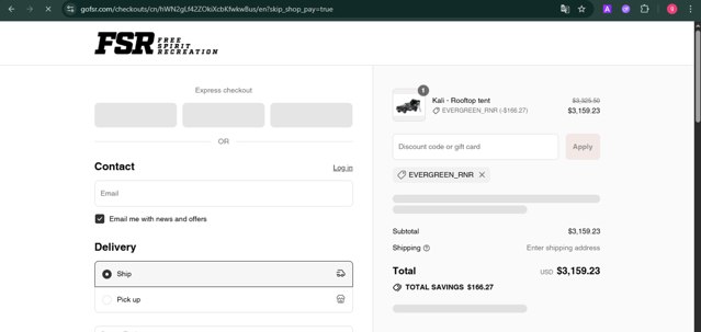 Freespirit Recreation checkout page showing Freespirit Recreation discount code box | Screenshot taken by SimplyCodes community member on Sep 7, 2025