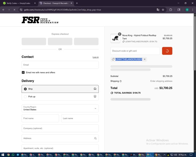 Freespirit Recreation checkout page showing Freespirit Recreation discount code box | Screenshot taken by SimplyCodes community member on Sep 7, 2025