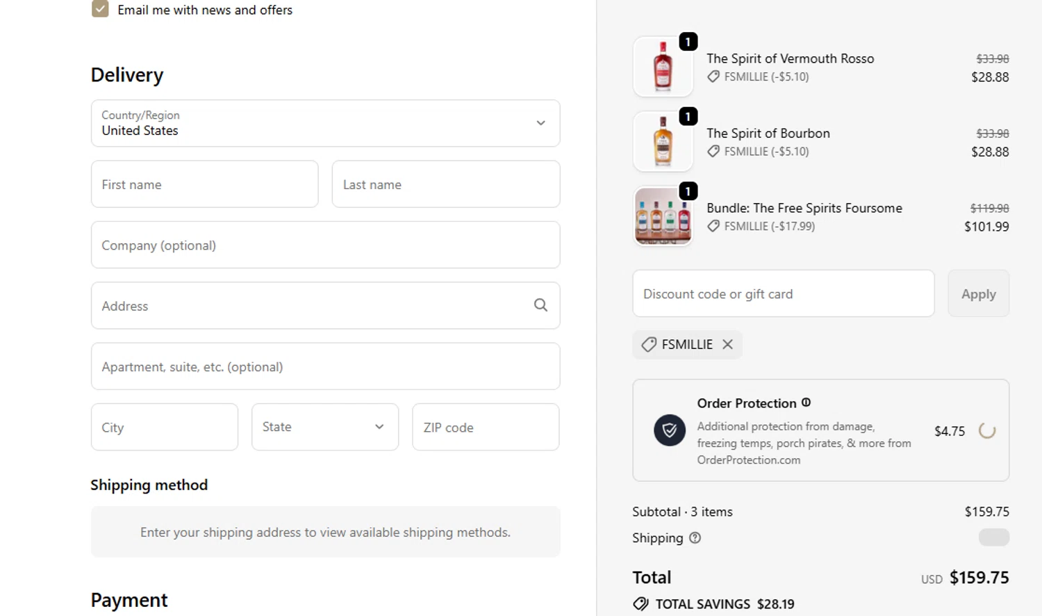 The Free Spirits Company promo code screenshot showing code FSMILLIE applied at The Free Spirits Company checkout page. Uploaded by SimplyCodes community member Juanls04 on Oct 30, 2025