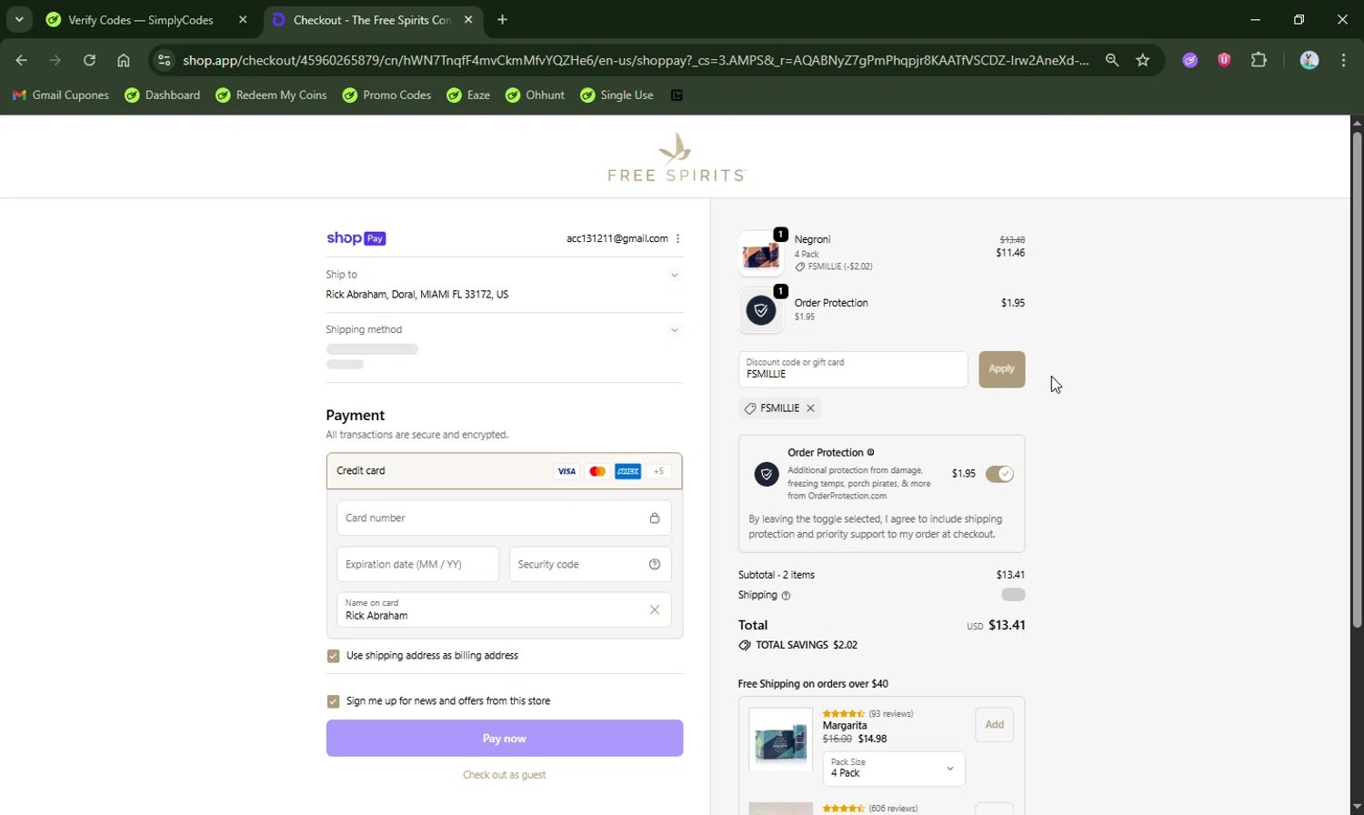 The Free Spirits Company promo code screenshot showing code FSMILLIE applied at The Free Spirits Company checkout page. Uploaded by SimplyCodes community member LHaunter2 on Jan 11, 2026