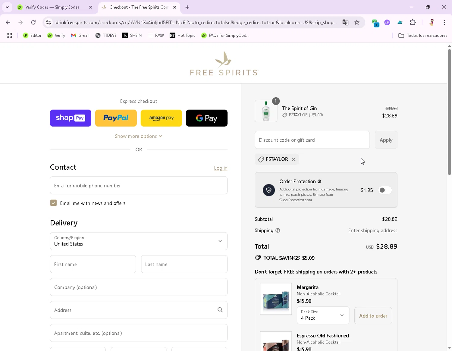 The Free Spirits Company promo code screenshot showing code FSTAYLOR applied at The Free Spirits Company checkout page. Uploaded by SimplyCodes community member DonGato on Aug 8, 2025