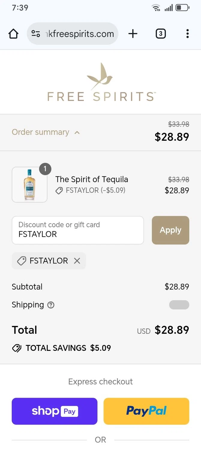The Free Spirits Company promo code screenshot showing code FSTAYLOR applied at The Free Spirits Company checkout page. Uploaded by SimplyCodes community member franksanchez on Aug 11, 2025