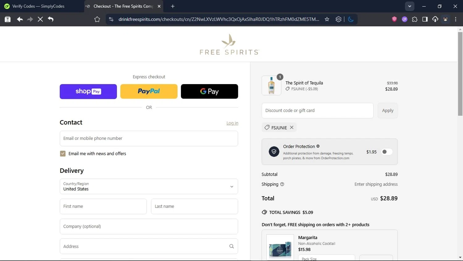 The Free Spirits Company promo code screenshot showing code FSJUNIE applied at The Free Spirits Company checkout page. Uploaded by SimplyCodes community member CleverPioneer8971 on Jun 17, 2025