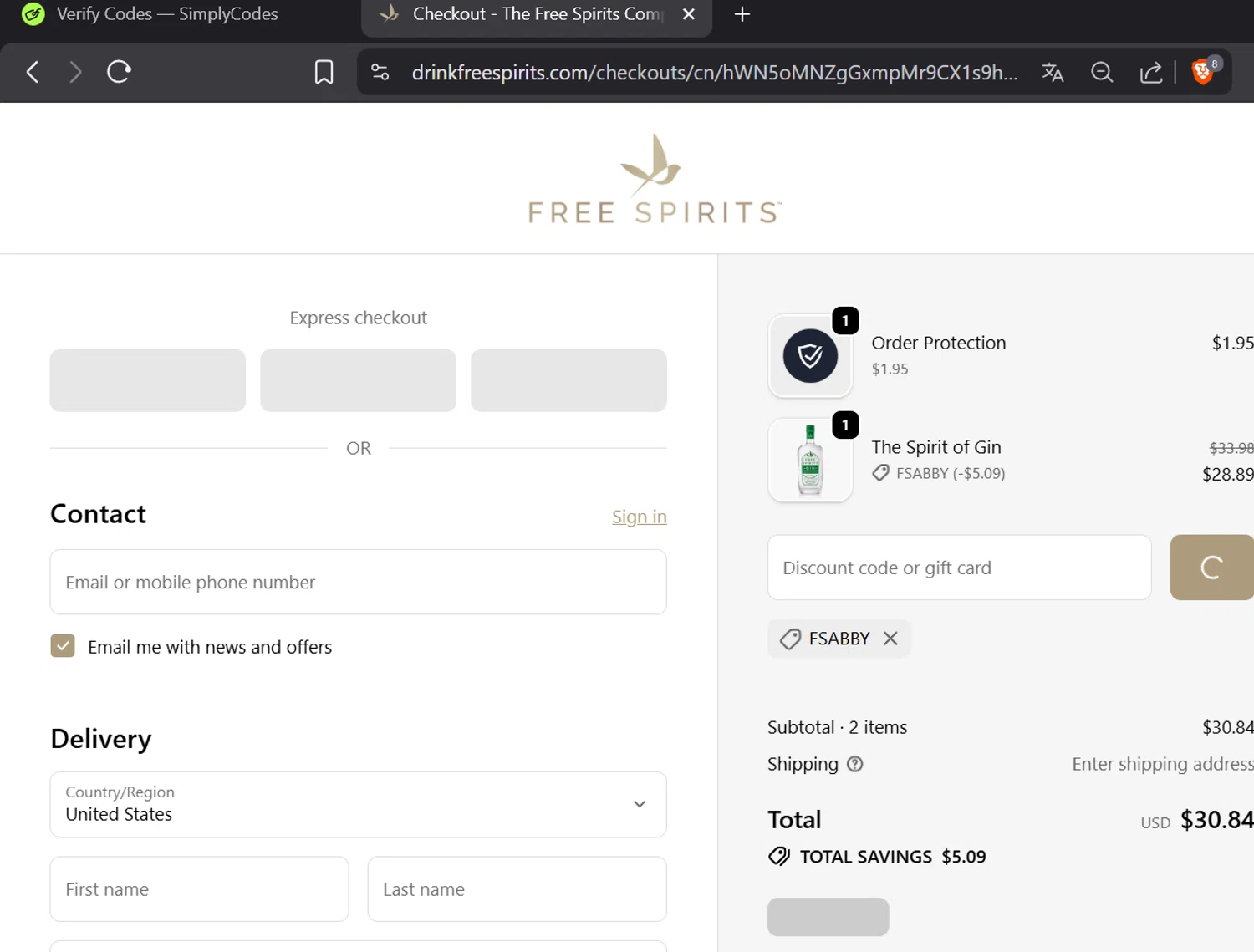 The Free Spirits Company promo code screenshot showing code FSABBY applied at The Free Spirits Company checkout page. Uploaded by SimplyCodes community member CoinOwl5103 on Nov 28, 2025