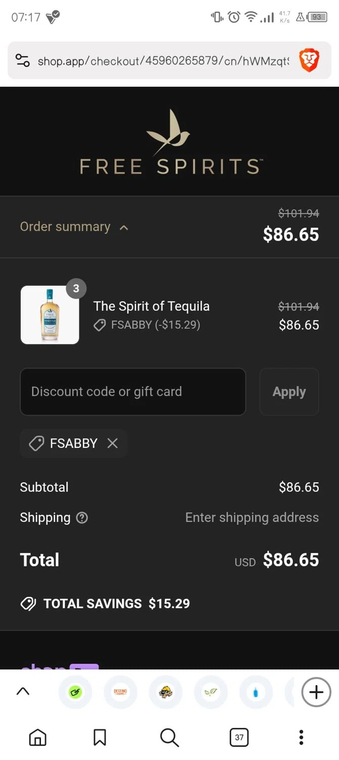 The Free Spirits Company promo code screenshot showing code FSABBY applied at The Free Spirits Company checkout page. Uploaded by SimplyCodes community member WhenEresMaik on Jun 24, 2025