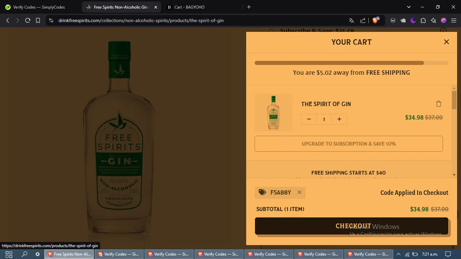 The Free Spirits Company promo code screenshot showing code FSABBY applied at The Free Spirits Company checkout page. Uploaded by SimplyCodes community member laleyjose on Feb 2, 2025