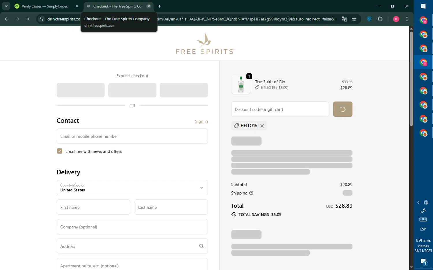 The Free Spirits Company promo code screenshot showing code HELLO15 applied at The Free Spirits Company checkout page. Uploaded by SimplyCodes community member RebateNavigator926 on Nov 28, 2025