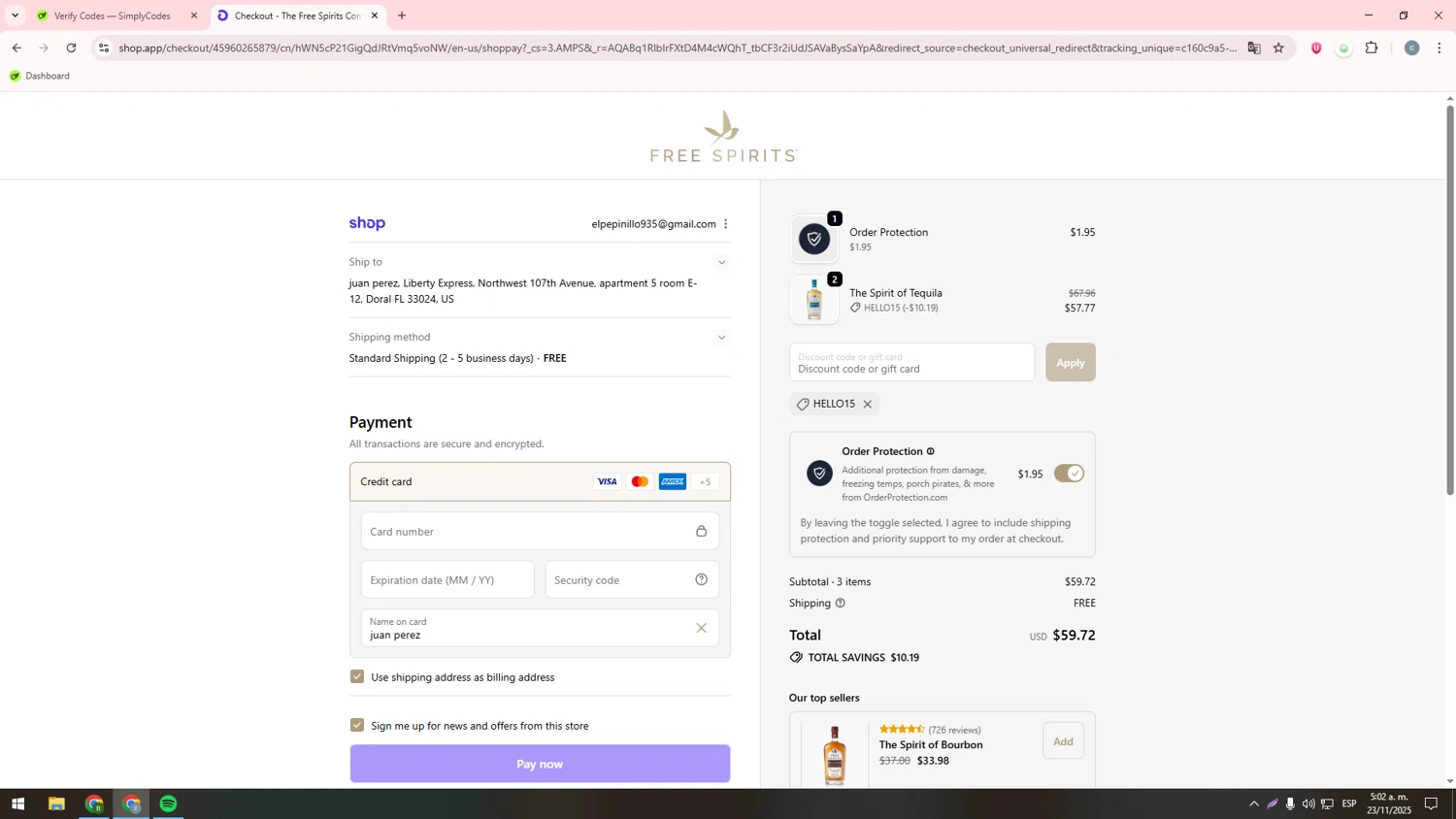 The Free Spirits Company promo code screenshot showing code HELLO15 applied at The Free Spirits Company checkout page. Uploaded by SimplyCodes community member ValueHawk3038 on Nov 23, 2025