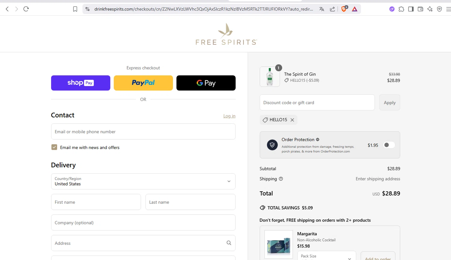 The Free Spirits Company promo code screenshot showing code HELLO15 applied at The Free Spirits Company checkout page. Uploaded by SimplyCodes community member crischidy25 on May 25, 2025