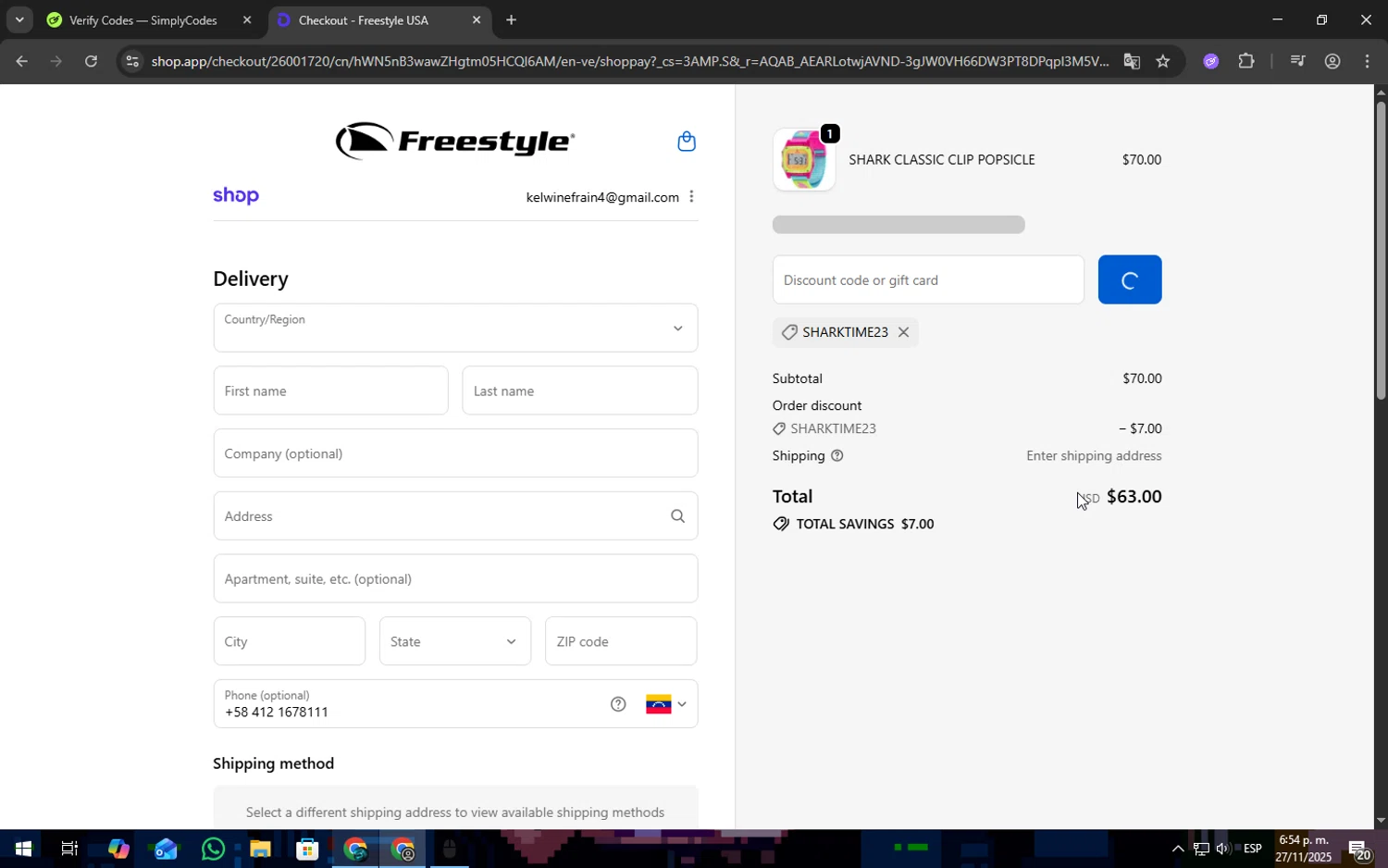 Freestyle USA discount code screenshot showing code SHARKTIME23 applied at Freestyle USA checkout page. Uploaded by SimplyCodes community member Freeman on Nov 27, 2025