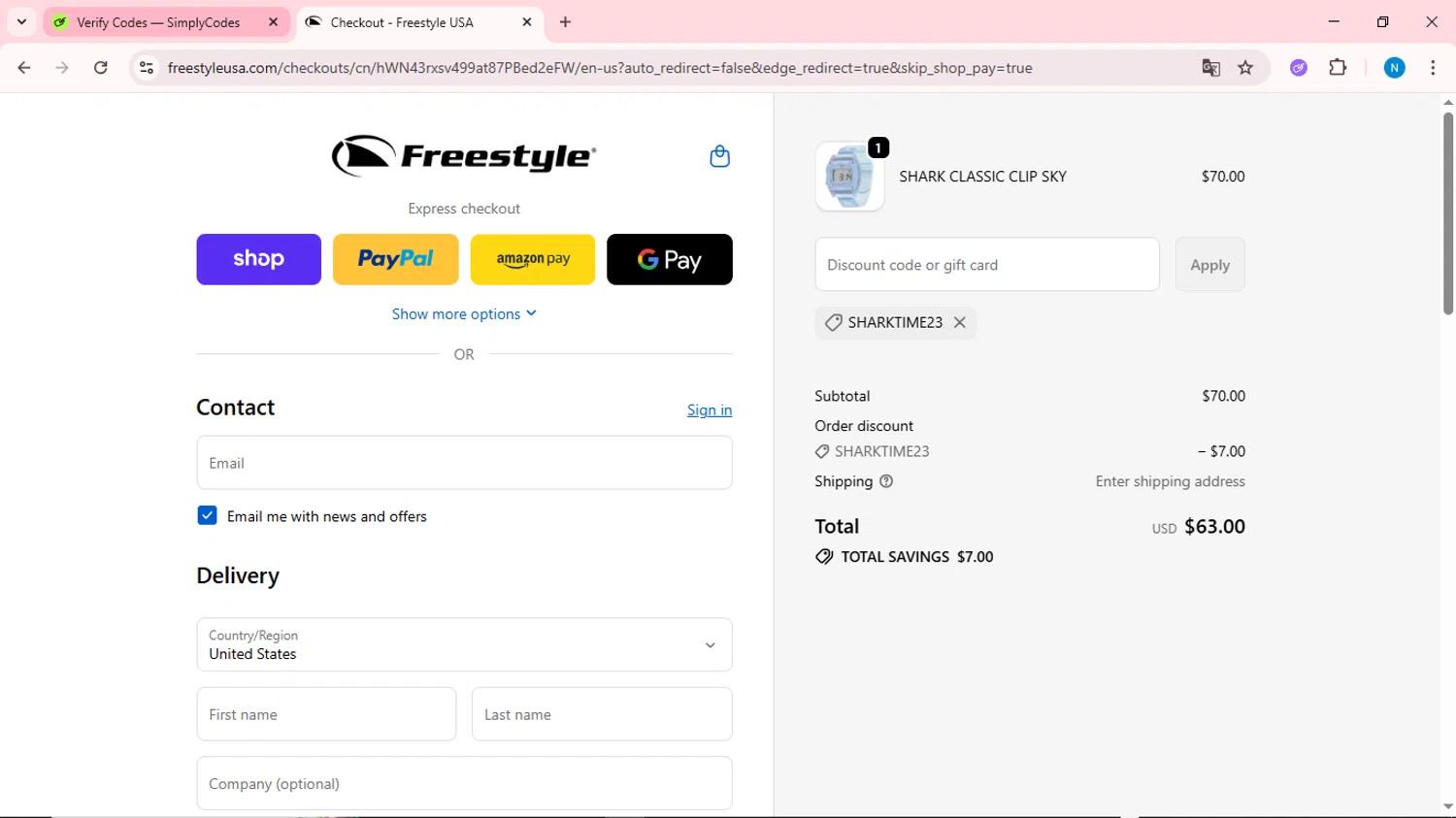 Freestyle USA discount code screenshot showing code SHARKTIME23 applied at Freestyle USA checkout page. Uploaded by SimplyCodes community member QuestOwl6398 on Oct 13, 2025