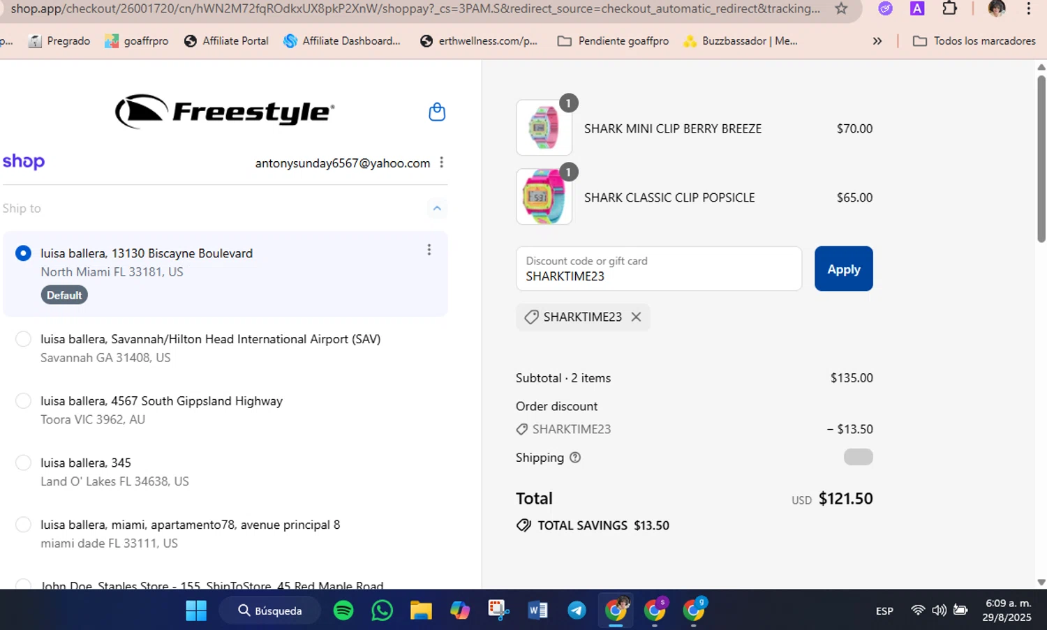 Freestyle USA discount code screenshot showing code SHARKTIME23 applied at Freestyle USA checkout page. Uploaded by SimplyCodes community member luisaballera on Aug 29, 2025