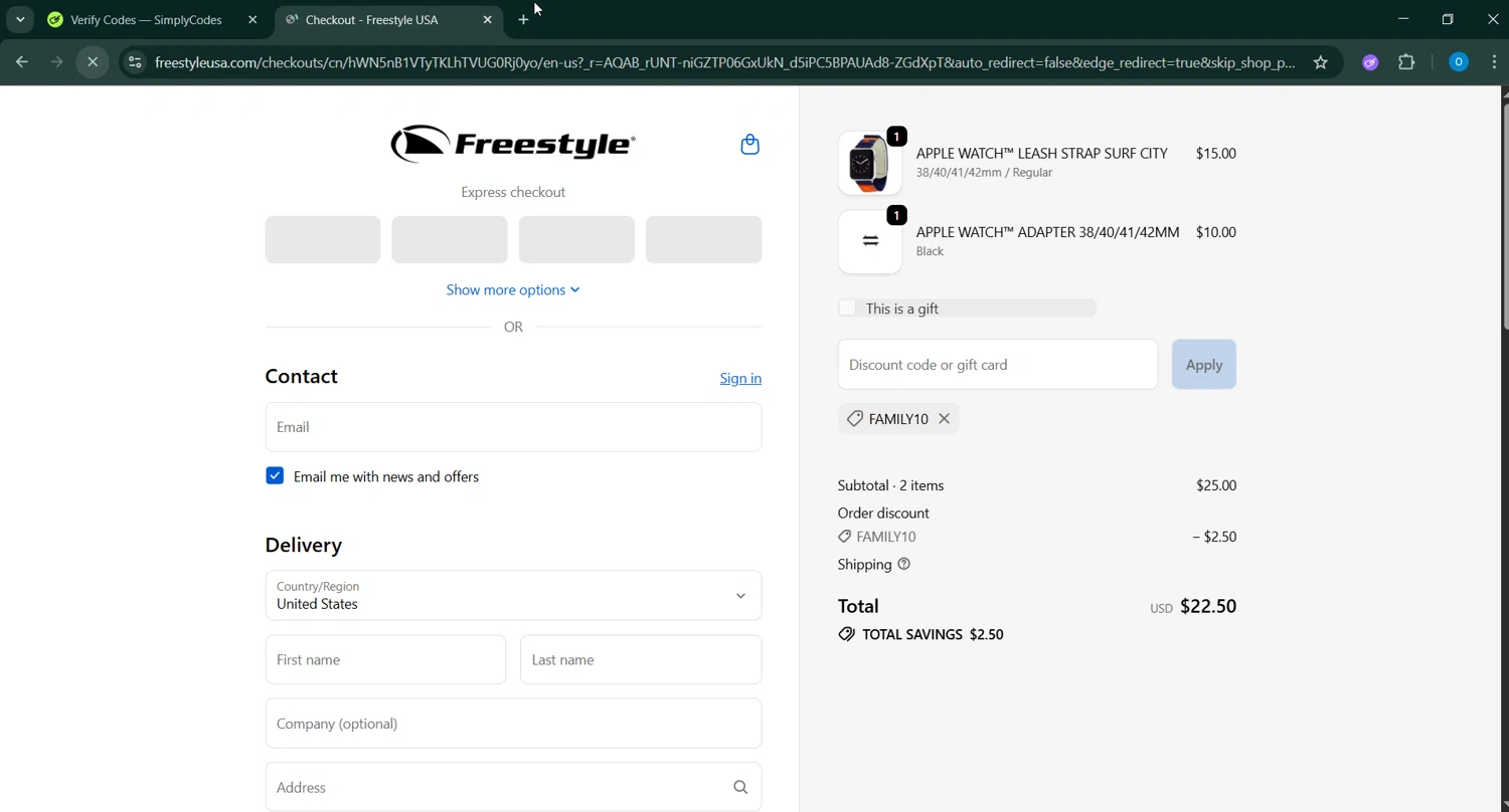 Freestyle USA discount code screenshot showing code FAMILY10 applied at Freestyle USA checkout page. Uploaded by SimplyCodes community member _____________ on Nov 27, 2025
