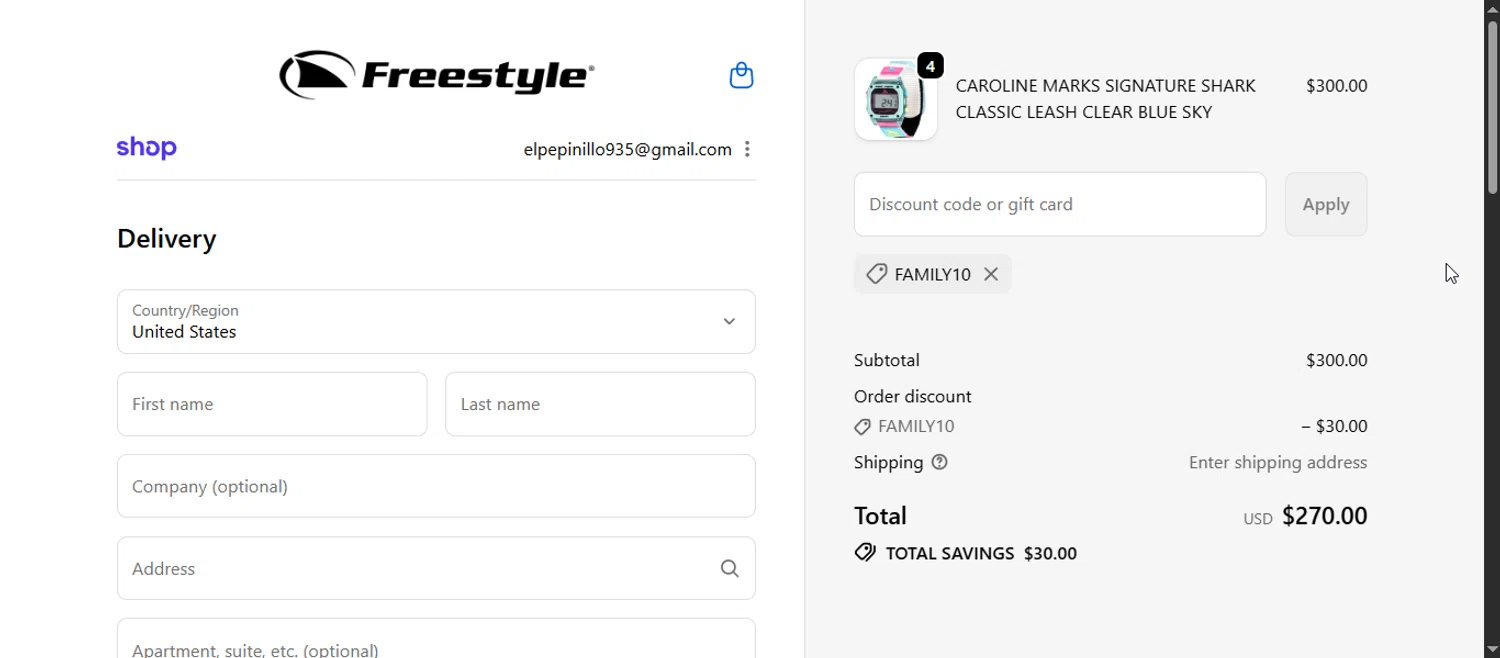 Freestyle USA discount code screenshot showing code FAMILY10 applied at Freestyle USA checkout page. Uploaded by SimplyCodes community member Enmanuel99 on Oct 5, 2025