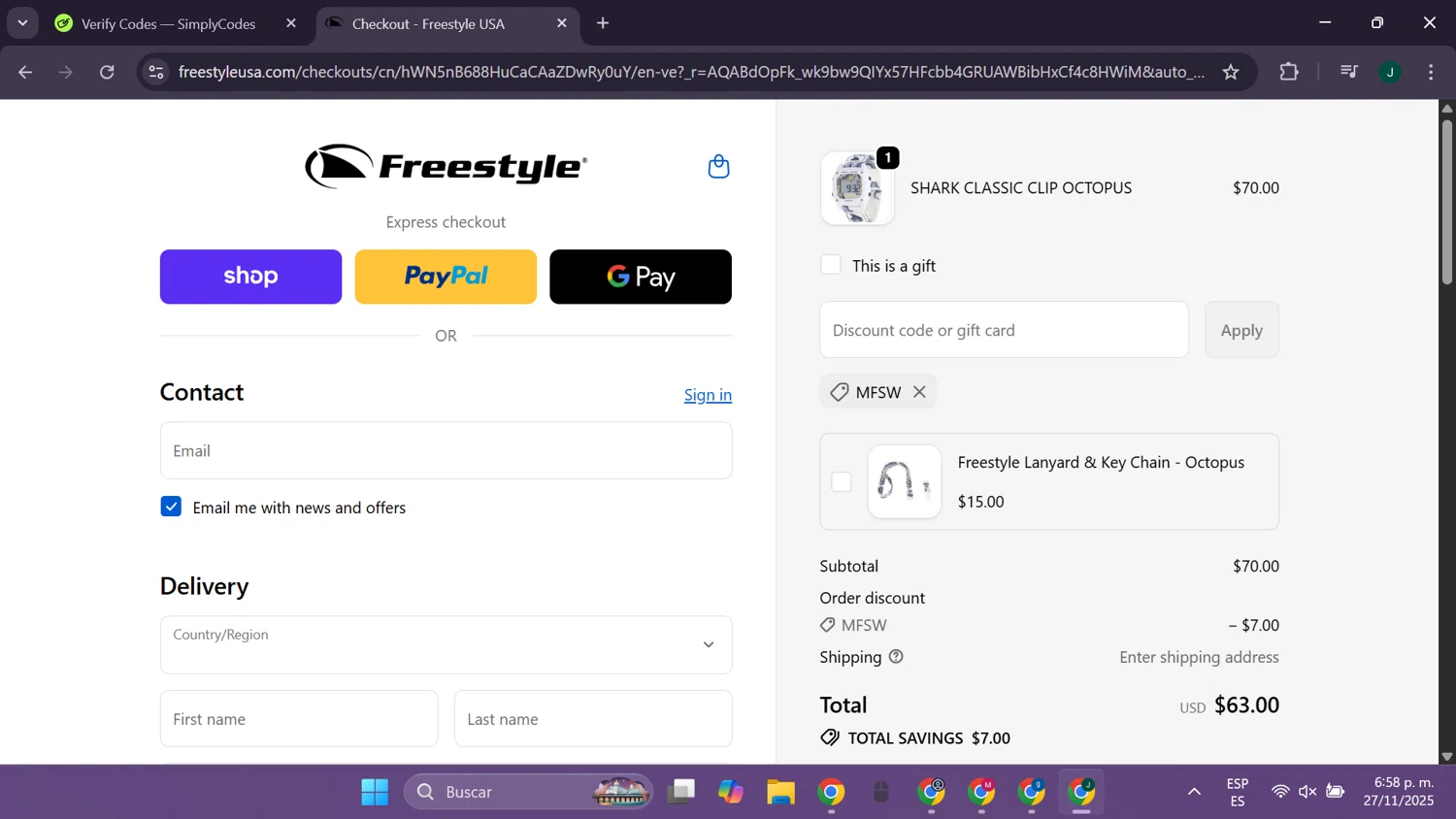 Freestyle USA discount code screenshot showing code MFSW applied at Freestyle USA checkout page. Uploaded by SimplyCodes community member CleverElite8110 on Nov 27, 2025