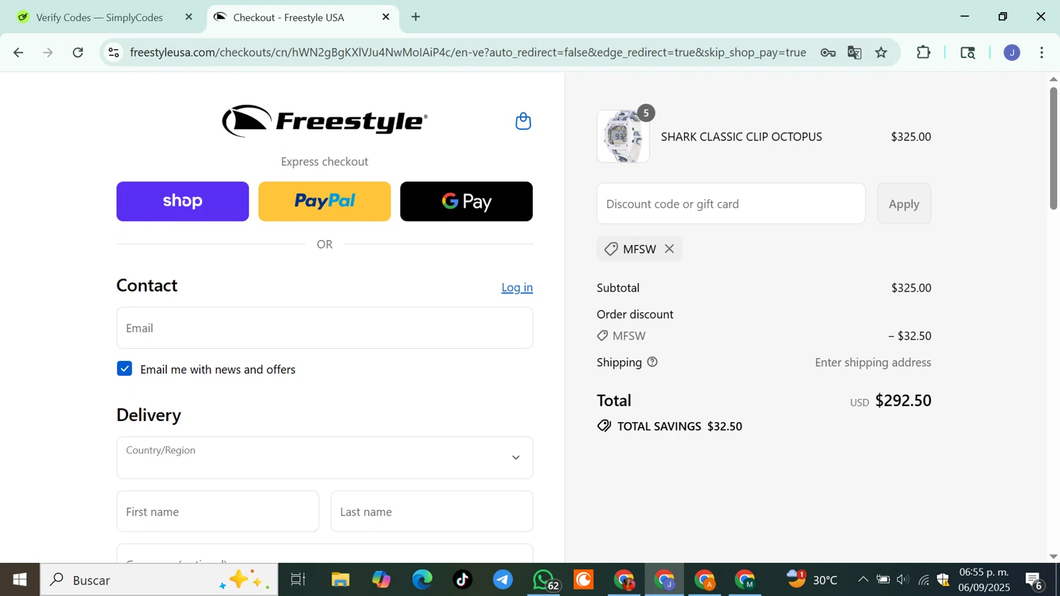 Freestyle USA discount code screenshot showing code MFSW applied at Freestyle USA checkout page. Uploaded by SimplyCodes community member DiscountSleuth6807 on Sep 6, 2025