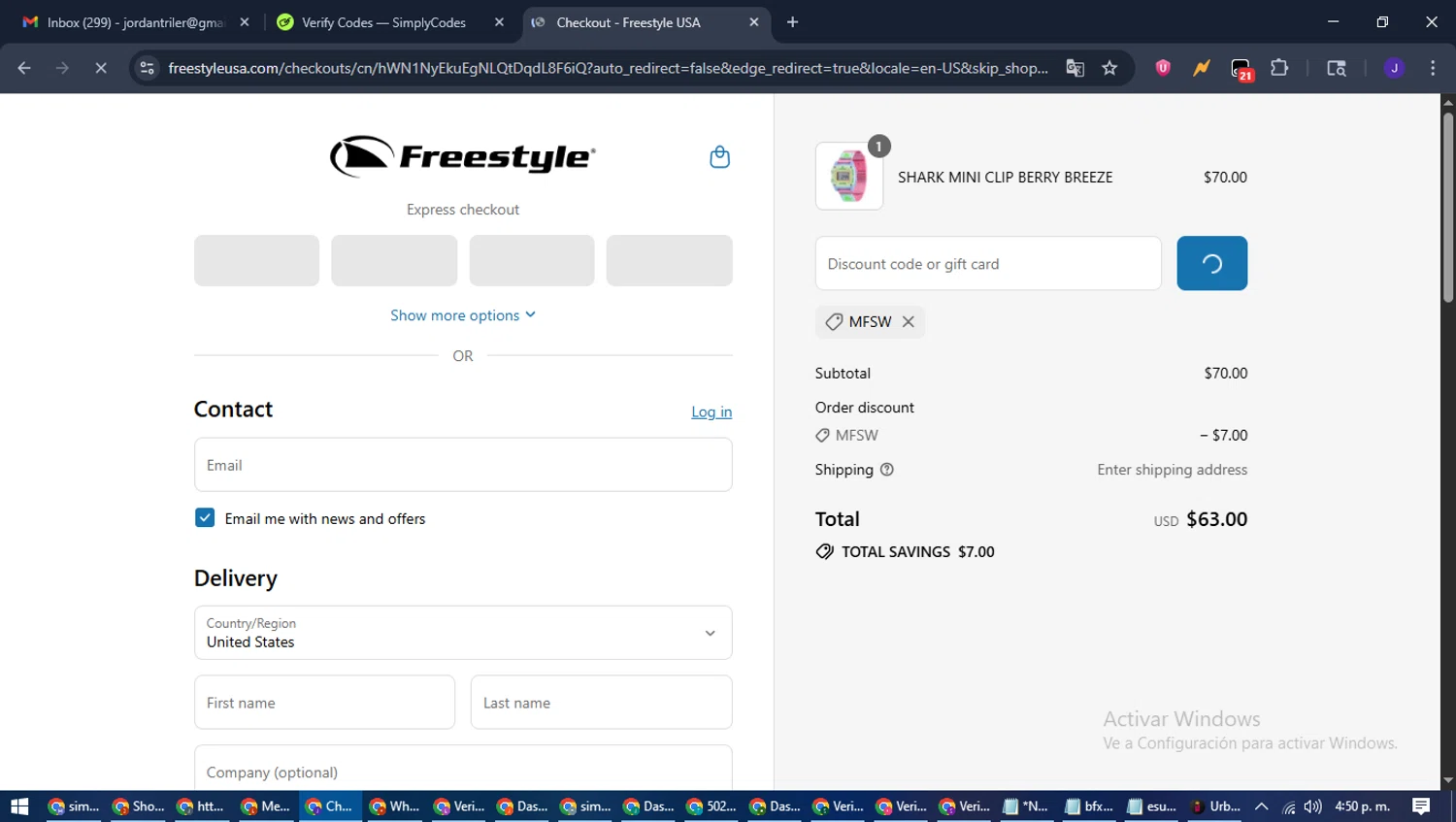 Freestyle USA discount code screenshot showing code MFSW applied at Freestyle USA checkout page. Uploaded by SimplyCodes community member LegendaryLegend9872 on Aug 3, 2025