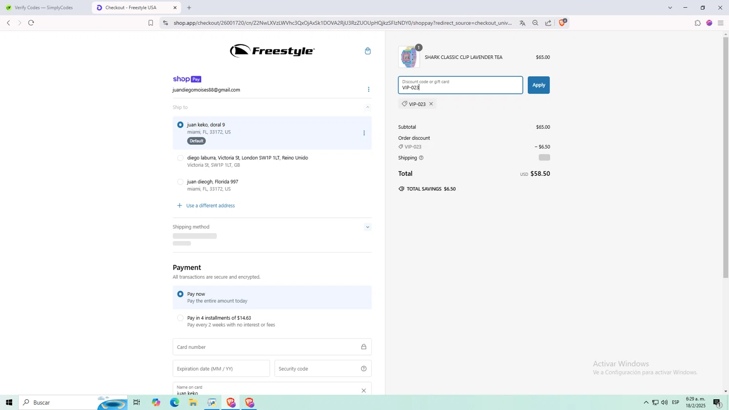 Freestyle USA discount code screenshot showing code VIP-023 applied at Freestyle USA checkout page. Uploaded by SimplyCodes community member Monitos on Feb 18, 2025
