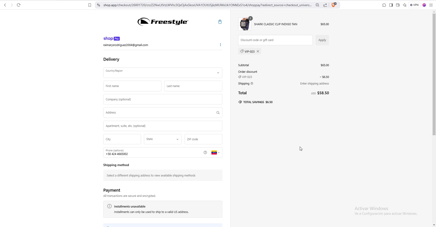 Freestyle USA discount code screenshot showing code VIP-023 applied at Freestyle USA checkout page. Uploaded by SimplyCodes community member Sweet_Coron on Jan 20, 2025
