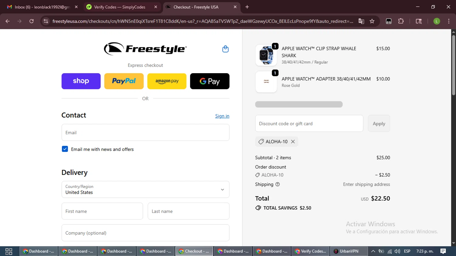 Freestyle USA discount code screenshot showing code ALOHA-10 applied at Freestyle USA checkout page. Uploaded by SimplyCodes community member CleverFalcon7682 on Nov 27, 2025
