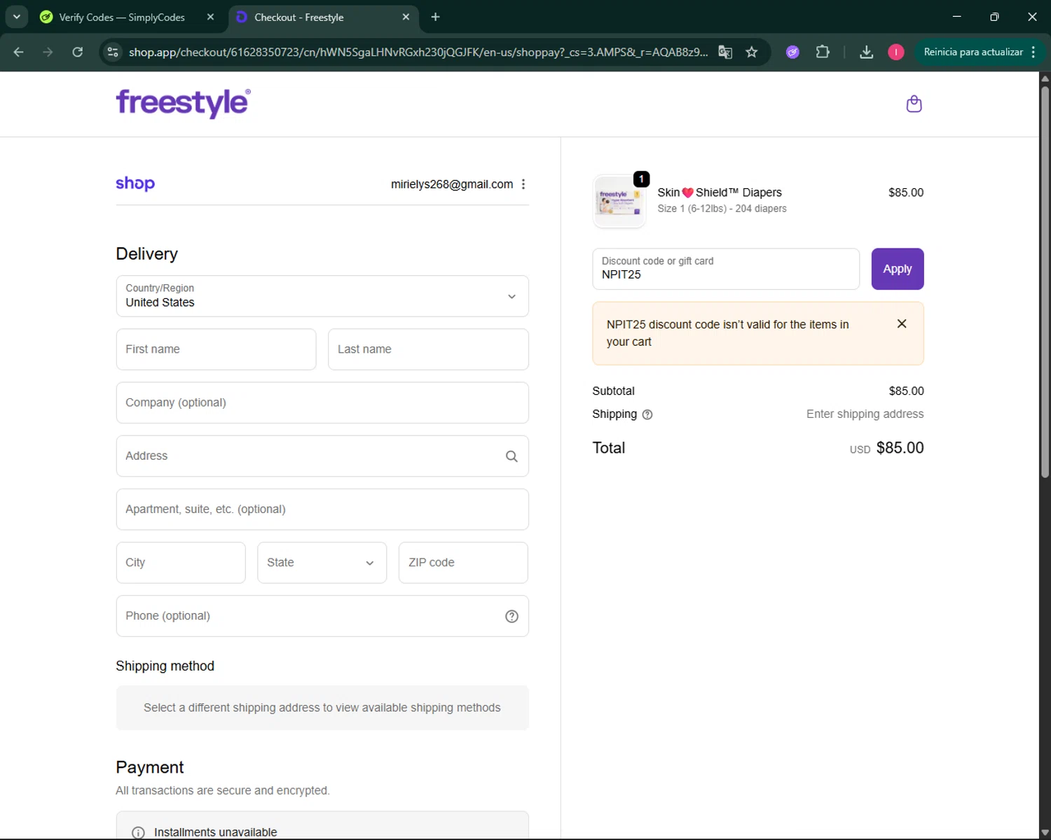 Freestyle World promo code screenshot showing code NPIT25 applied at Freestyle World checkout page. Uploaded by SimplyCodes community member BargainSeeker9964 on Nov 19, 2025