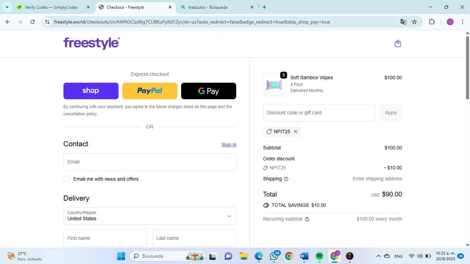 Freestyle World promo code screenshot showing code NPIT25 applied at Freestyle World checkout page. Uploaded by SimplyCodes community member christophersierra on Sep 20, 2025