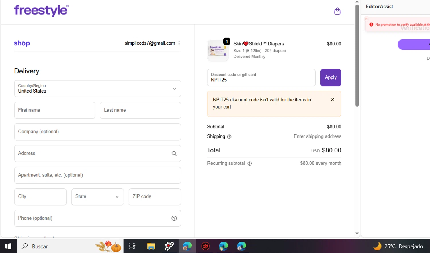 Freestyle World promo code screenshot showing code NPIT25 applied at Freestyle World checkout page. Uploaded by SimplyCodes community member fhddfhfdhwert on Nov 24, 2025