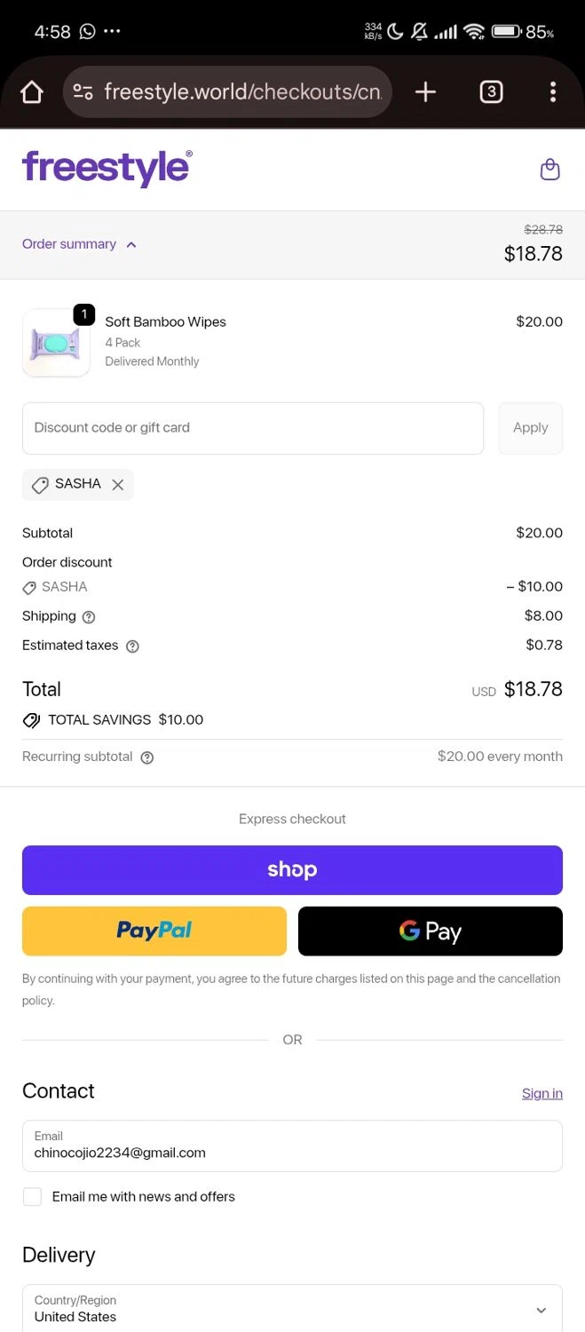 Freestyle World promo code screenshot showing code Sasha applied at Freestyle World checkout page. Uploaded by SimplyCodes community member Bjhfuhdf on Oct 2, 2025
