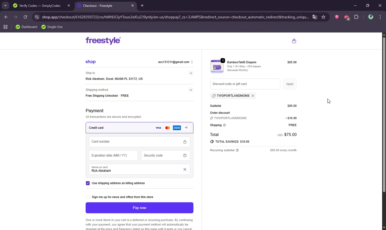 Freestyle World promo code screenshot showing code Twoportlandmoms applied at Freestyle World checkout page. Uploaded by SimplyCodes community member BudgetWizard6950 on Sep 20, 2025