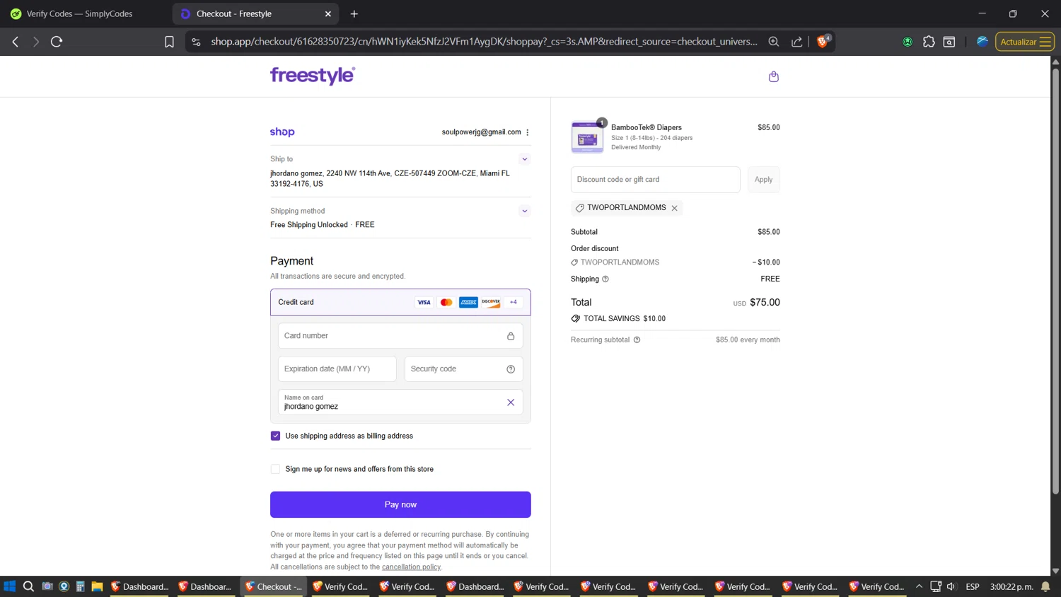 Freestyle World promo code screenshot showing code Twoportlandmoms applied at Freestyle World checkout page. Uploaded by SimplyCodes community member Jgomez on Aug 12, 2025