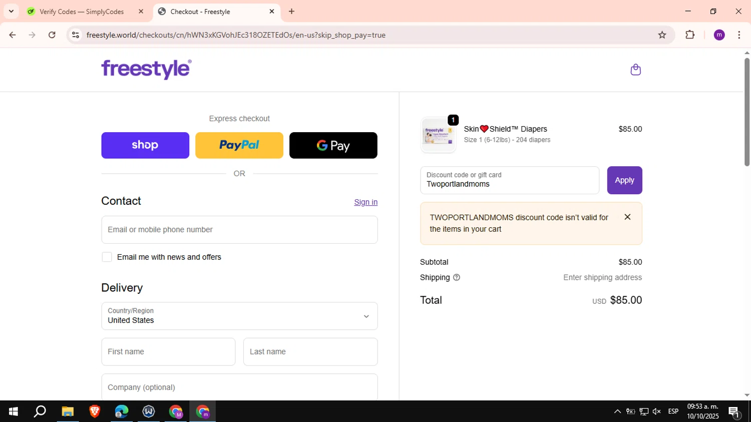 Freestyle World promo code screenshot showing code Twoportlandmoms applied at Freestyle World checkout page. Uploaded by SimplyCodes community member VictoriousCurator6515 on Oct 10, 2025