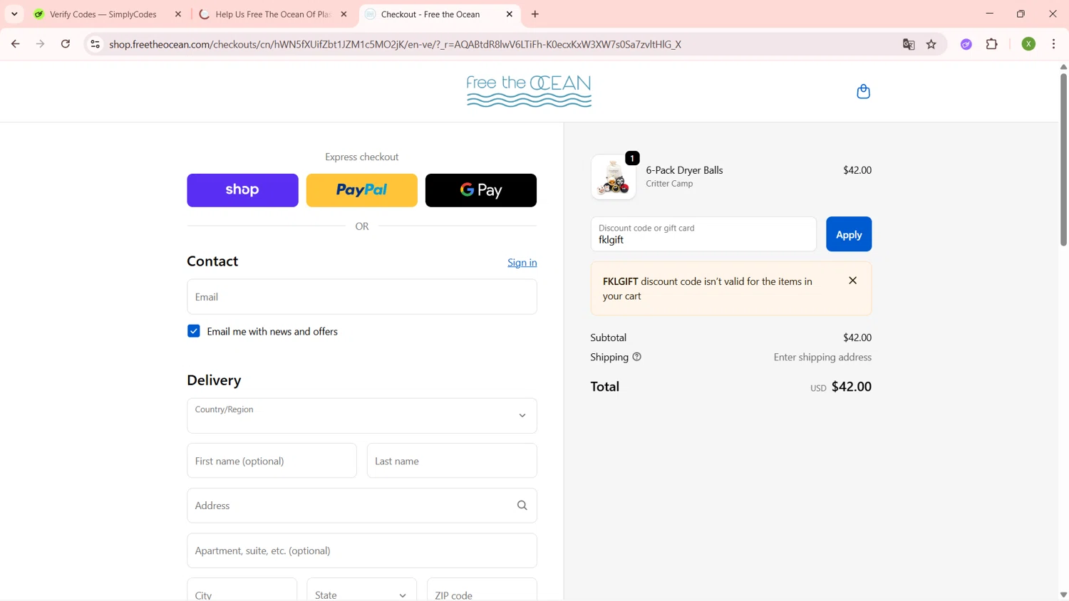 Free the Ocean discount code screenshot showing code fklgift applied at Free the Ocean checkout page. Uploaded by SimplyCodes community member SaleTiger1087 on Dec 7, 2025