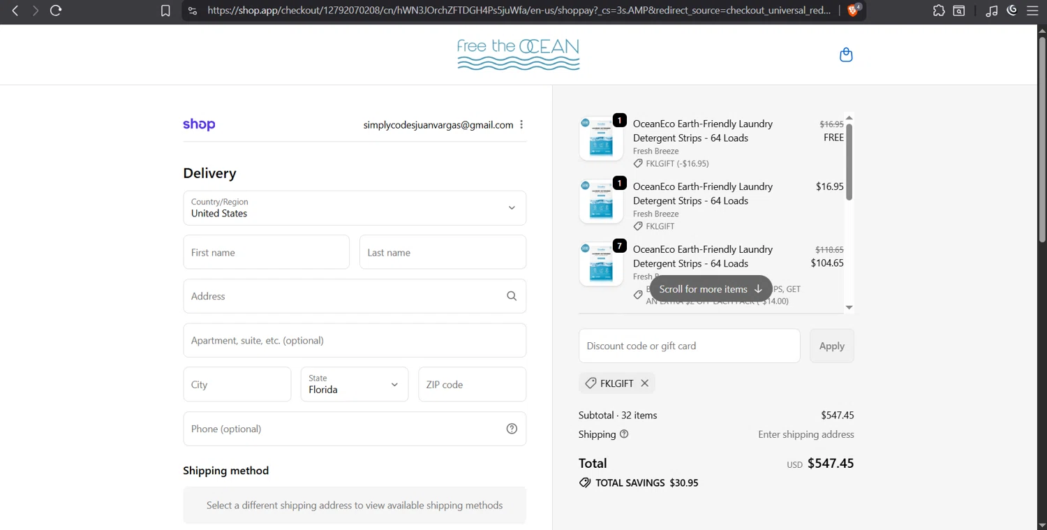 Free the Ocean discount code screenshot showing code fklgift applied at Free the Ocean checkout page. Uploaded by SimplyCodes community member juanvargas1 on Oct 8, 2025