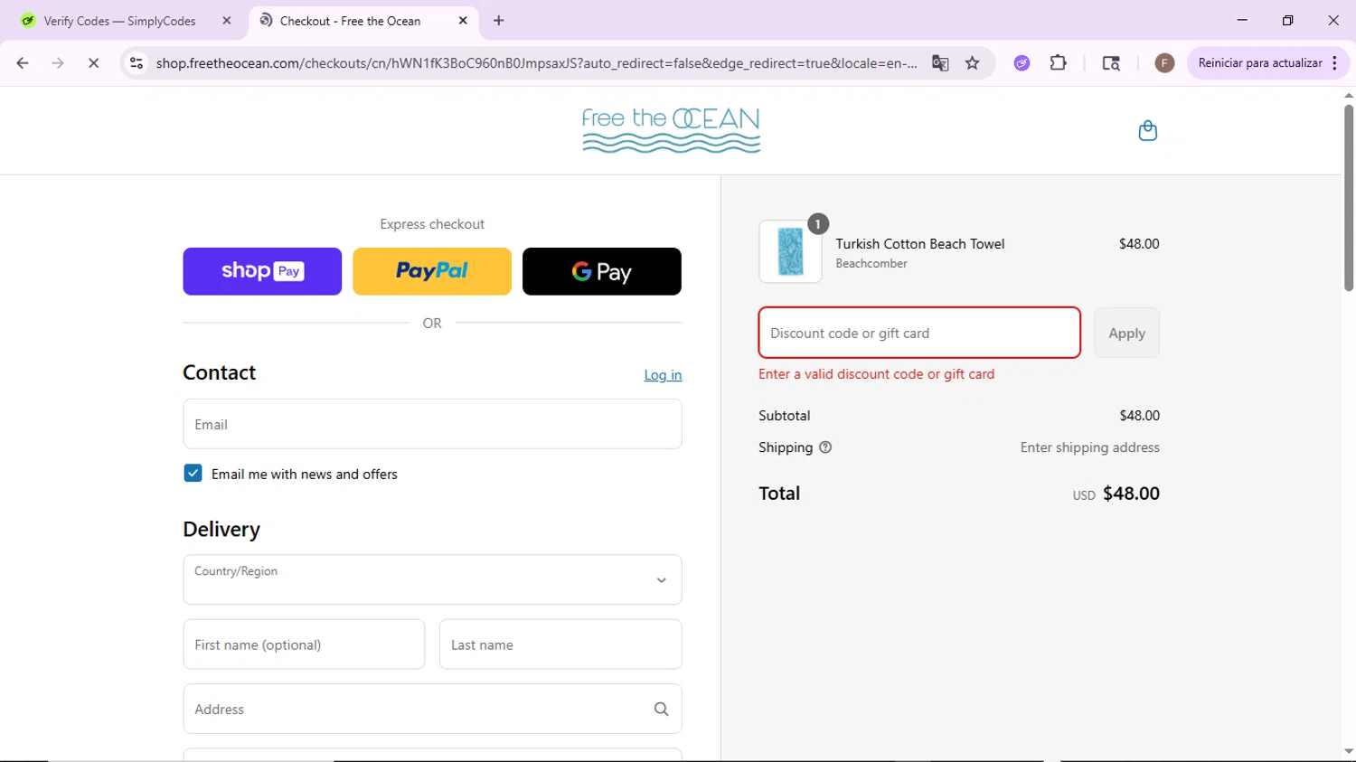 Free the Ocean discount code screenshot showing code garden15 applied at Free the Ocean checkout page. Uploaded by SimplyCodes community member CashLion2660 on Aug 11, 2025