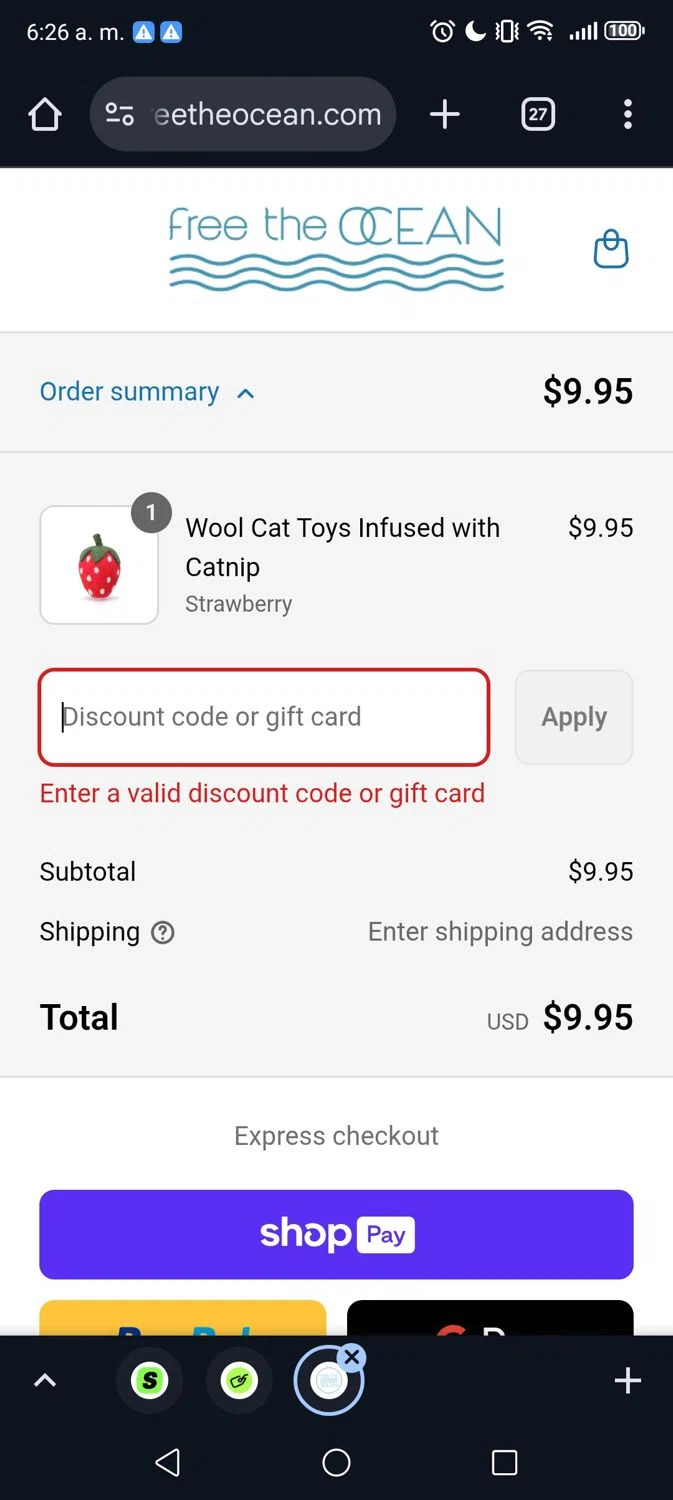 Free the Ocean discount code screenshot showing code garden15 applied at Free the Ocean checkout page. Uploaded by SimplyCodes community member George09 on Aug 11, 2025