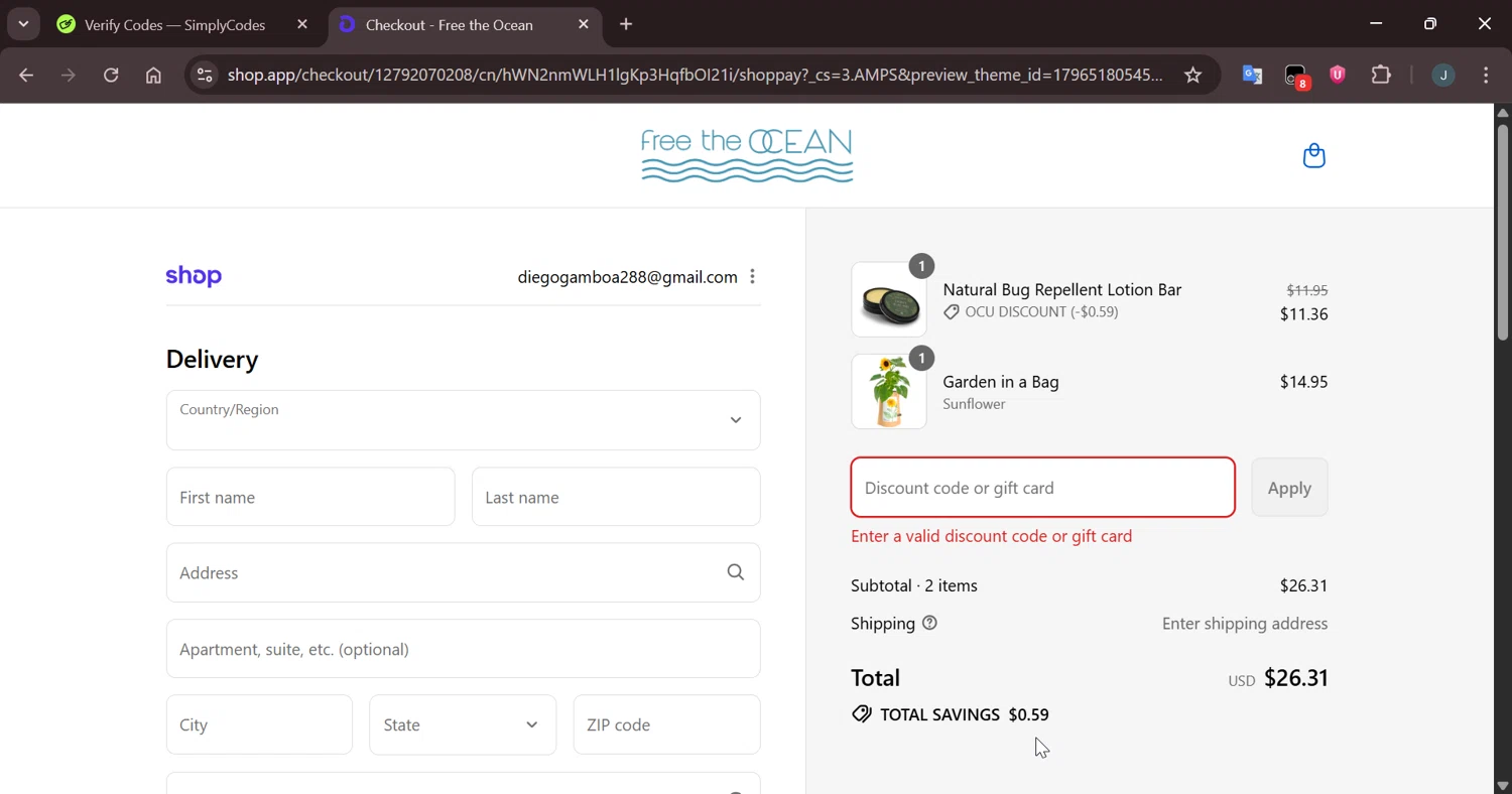 Free the Ocean discount code screenshot showing code garden20 applied at Free the Ocean checkout page. Uploaded by SimplyCodes community member Eltoro20 on Sep 10, 2025