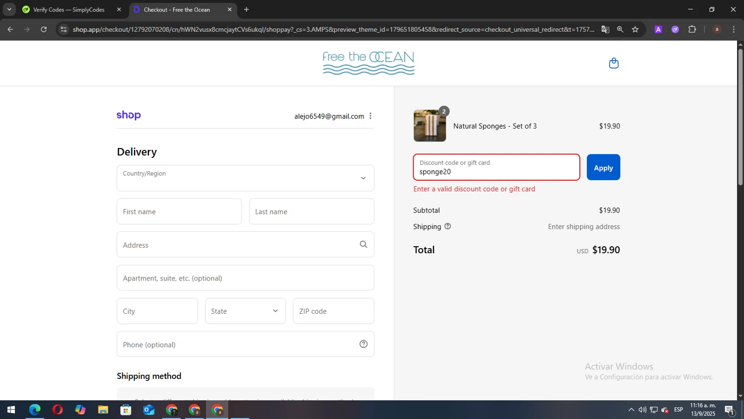 Free the Ocean discount code screenshot showing code sponge20 applied at Free the Ocean checkout page. Uploaded by SimplyCodes community member elbicho22 on Sep 13, 2025
