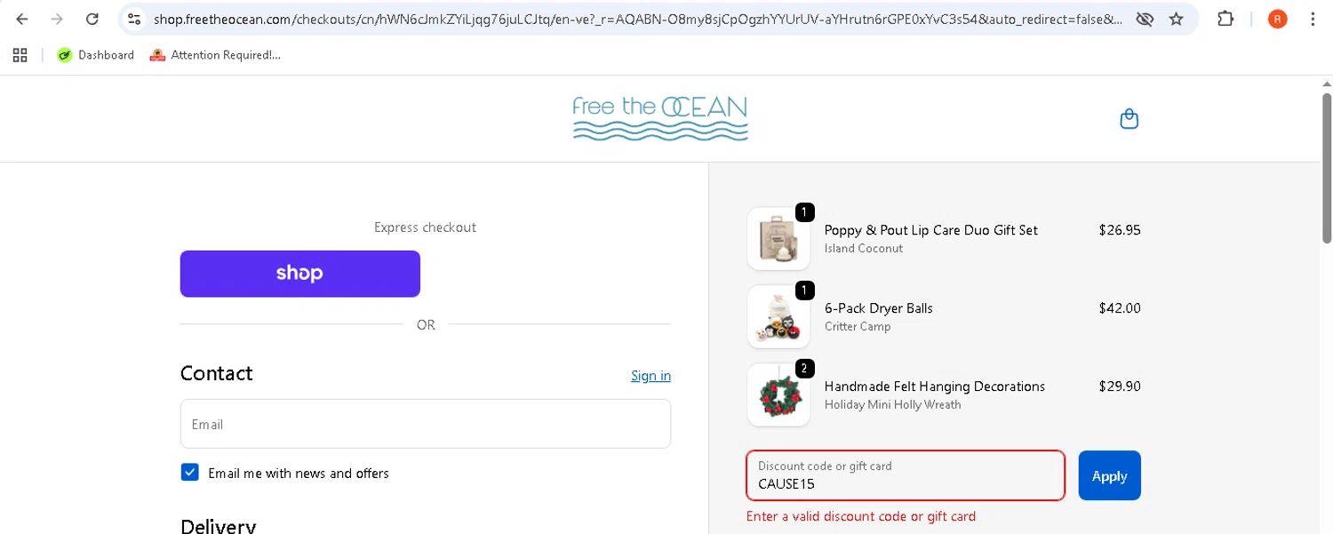Free the Ocean checkout page showing Free the Ocean discount code box | Screenshot taken by SimplyCodes community member on Jan 9, 2026