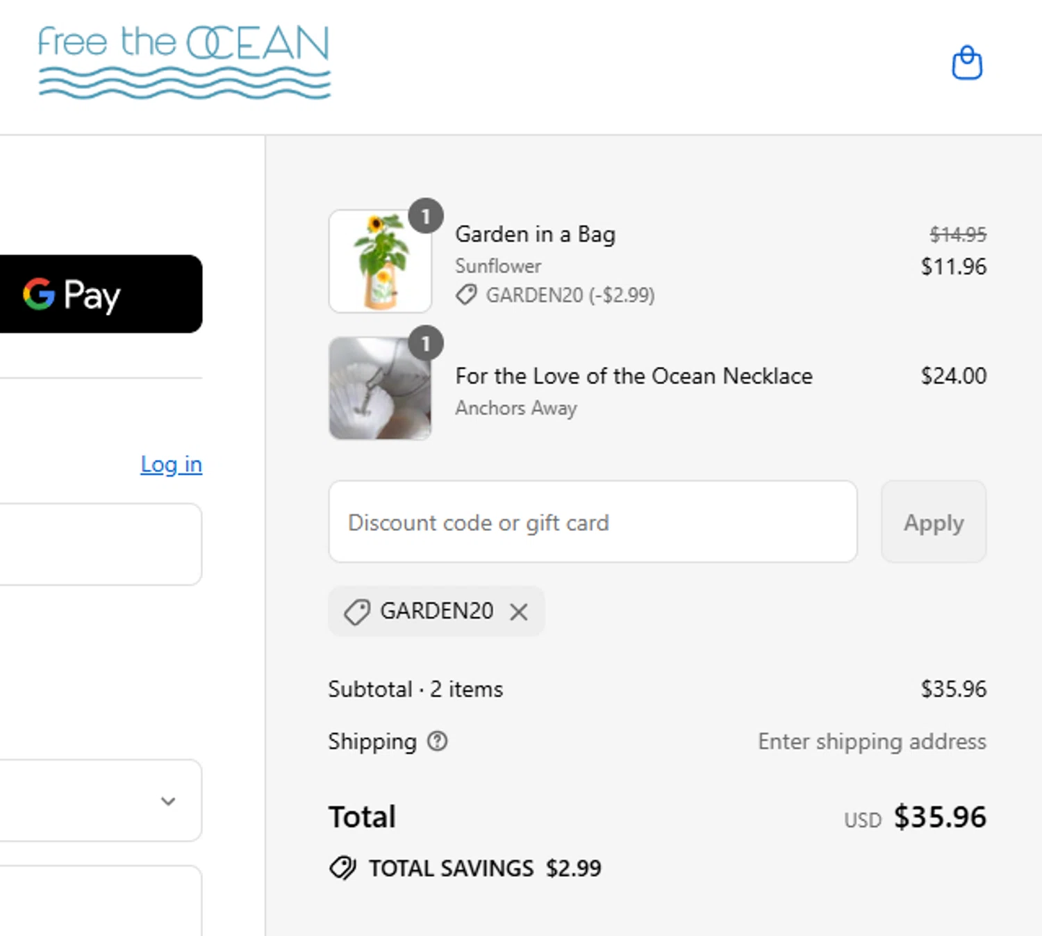 Free the Ocean discount code screenshot showing code garden20 applied at Free the Ocean checkout page. Uploaded by SimplyCodes community member aumentadax10 on Sep 6, 2025