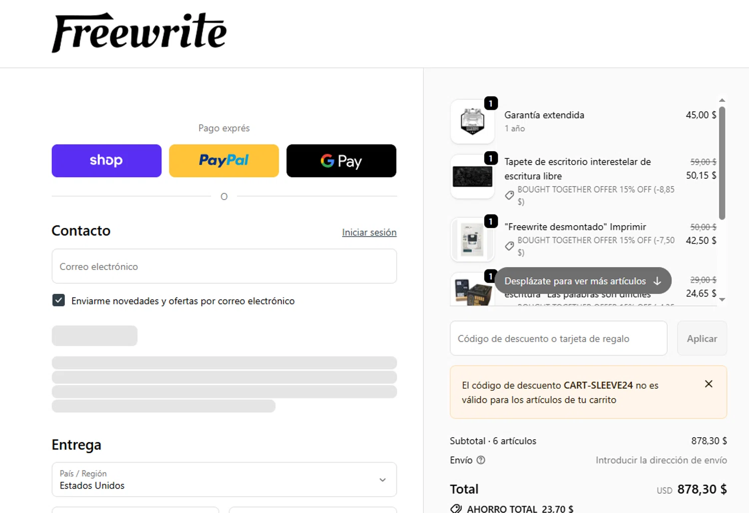 Freewrite Store promo code screenshot showing code Cart-sleeve24 applied at Freewrite Store checkout page. Uploaded by SimplyCodes community member SwiftSage9854 on Dec 20, 2025