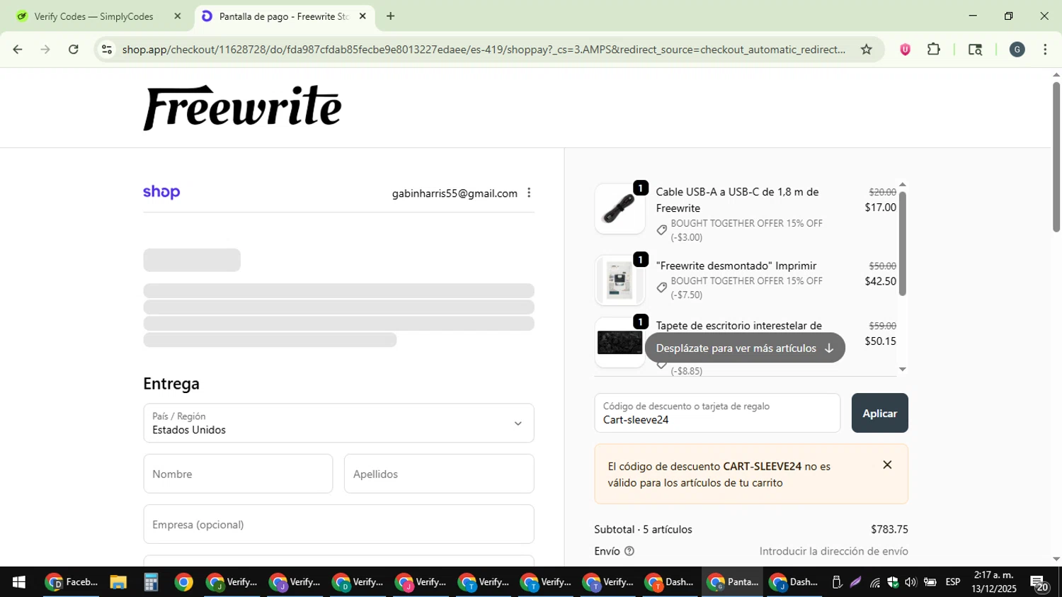 Freewrite Store promo code screenshot showing code Cart-sleeve24 applied at Freewrite Store checkout page. Uploaded by SimplyCodes community member gabinharris55 on Dec 13, 2025