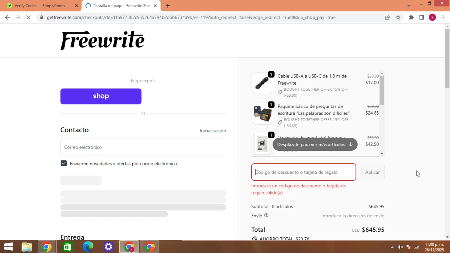 Freewrite Store promo code screenshot showing code WELCOME-SLEEVE24 applied at Freewrite Store checkout page. Uploaded by SimplyCodes community member ThriftyWizard1508 on Nov 27, 2025